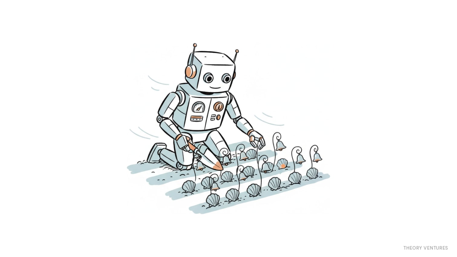 An editorial line illustration of a robot kneeling in a garden, carefully cultivating rows of cockle shells and silver bells