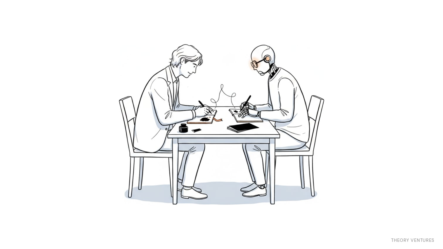 A human author & a robot at a shared writing desk, harmonizing over a single page — the robot's voice quietly swelling into the author's