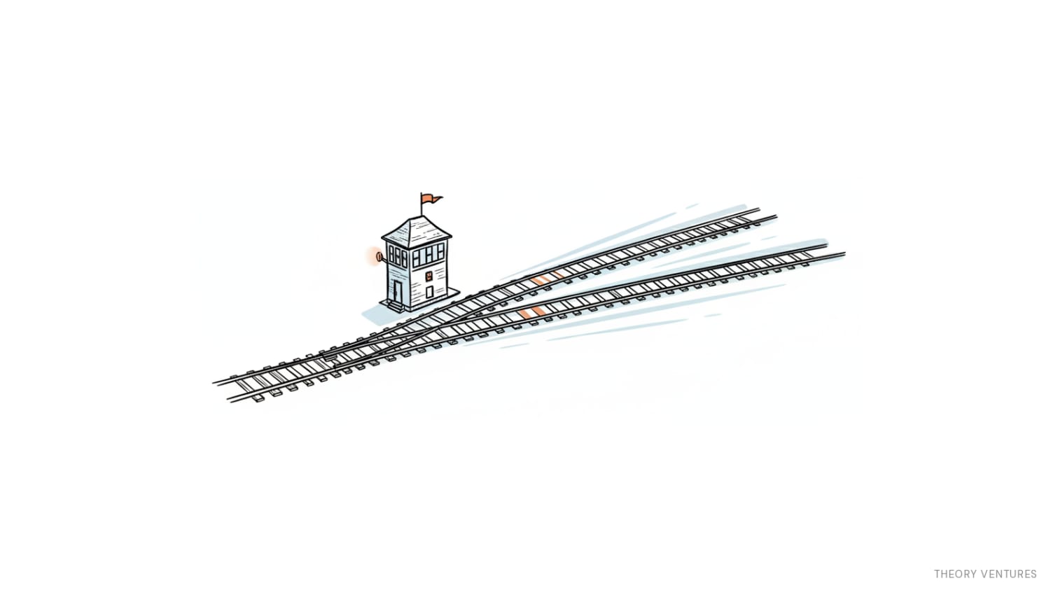 Editorial line illustration of a railway switchyard splitting one incoming track into three diverging tracks past a switch tower