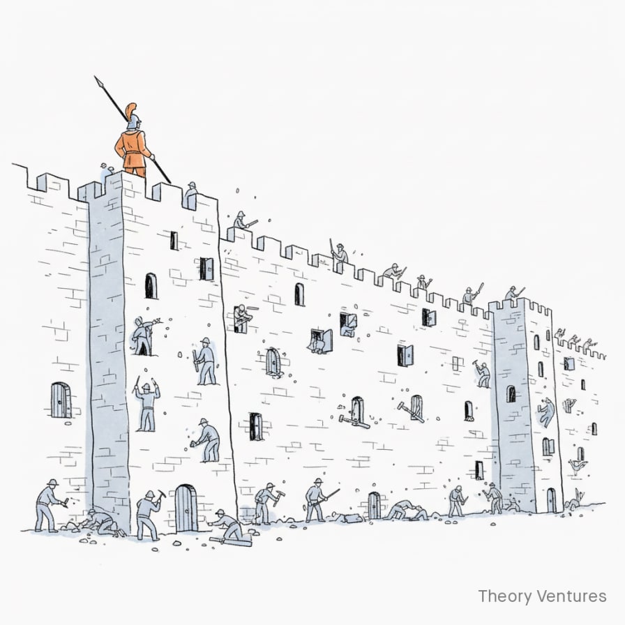 Hand-drawn illustration of a castle wall with many new doors being cut open while a single guard watches from the top