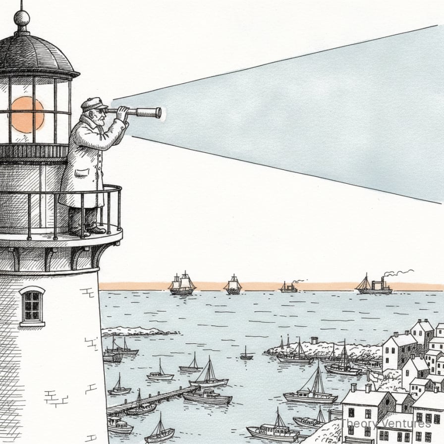 Hand-drawn illustration of a lighthouse keeper spotting distant ships through a telescope before dawn