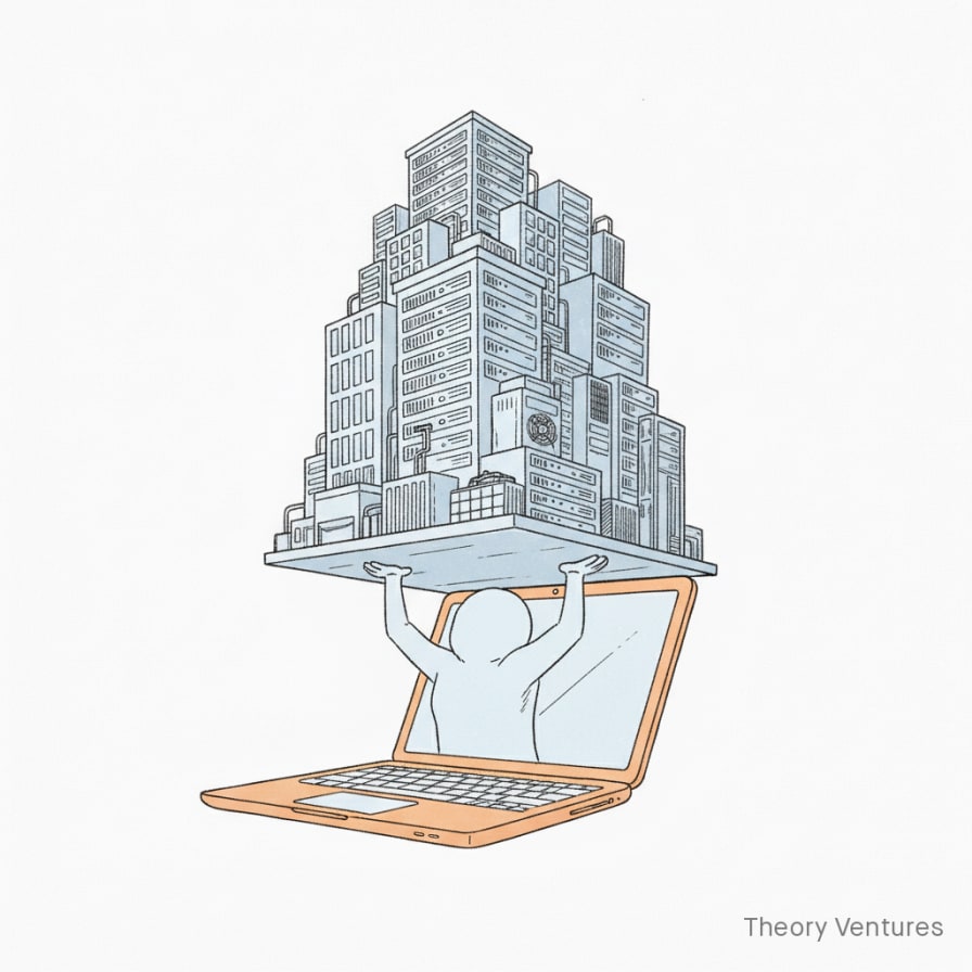 Hand-drawn illustration of a laptop lifting a giant data center building above its screen like a weightlifter
