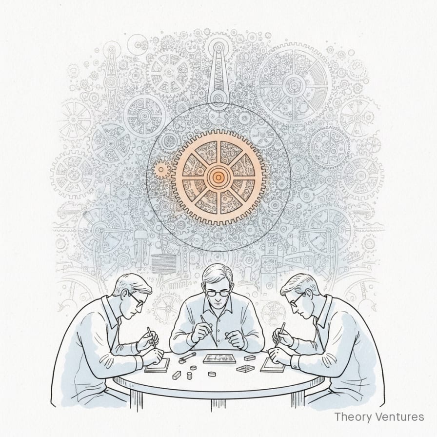 Hand-drawn illustration of three watchmakers at a small workbench operating a vast wall of interconnected gears