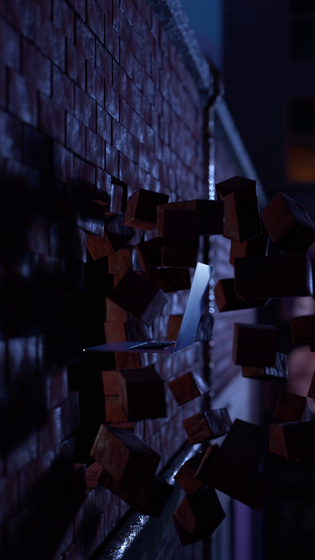 publicité sur les réseaux sociaux ou l’on montre un ordinateur détruire un mur