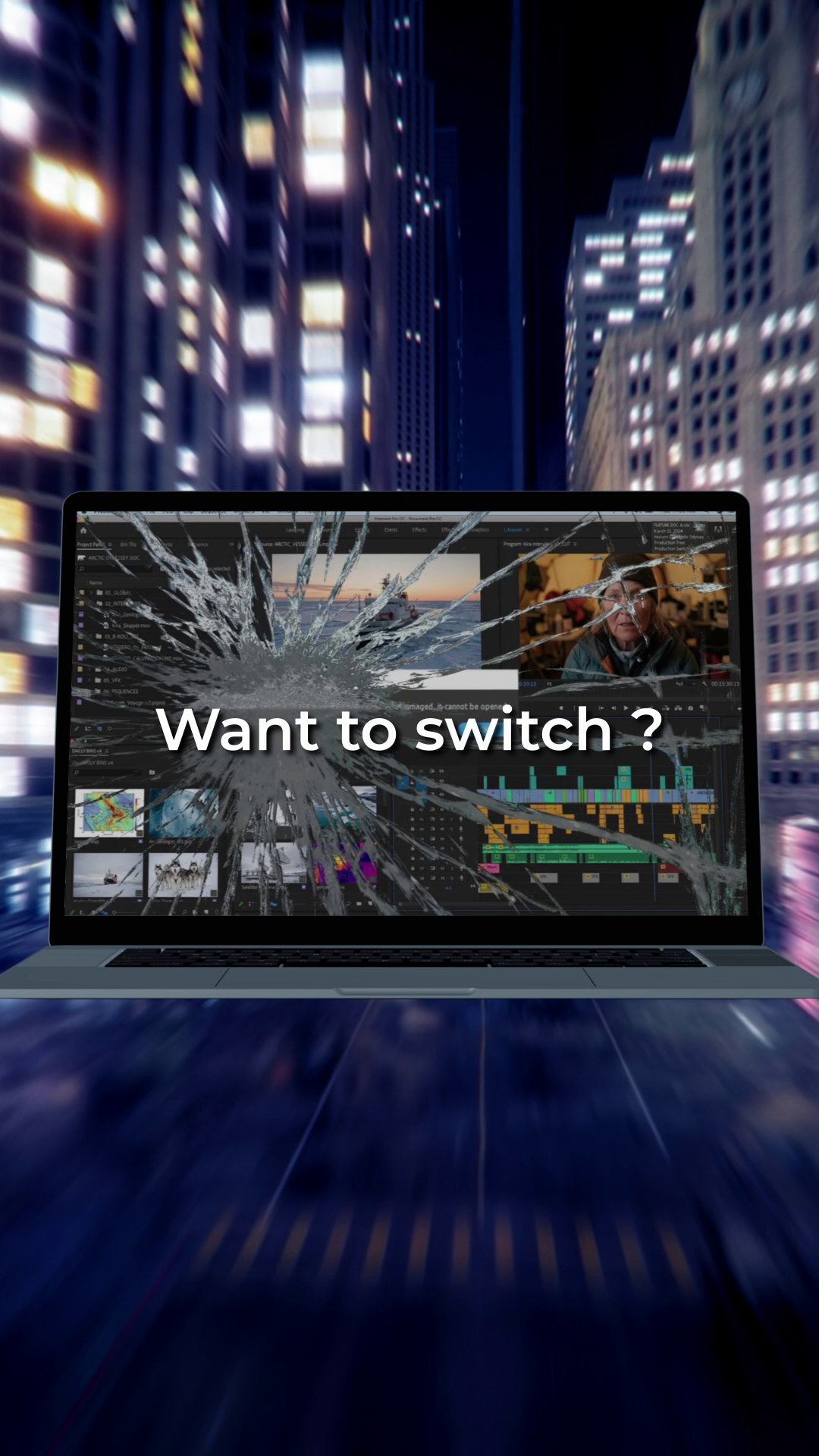 publicité sur les réseaux sociaux ou l’on montre l’écran d’ordinateur cassé avec le texte : want to switch