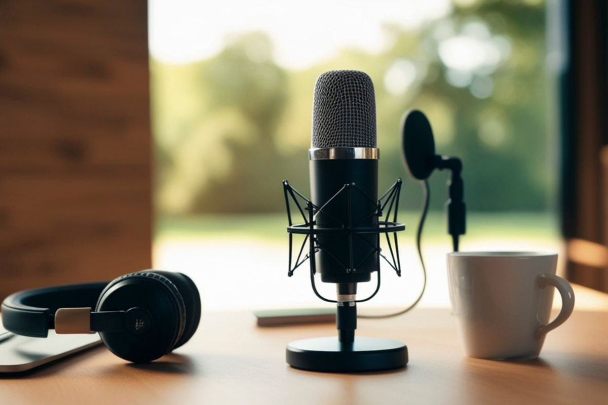 Une photo contenant un micro de podcast et un casque audio, suggérant une interview