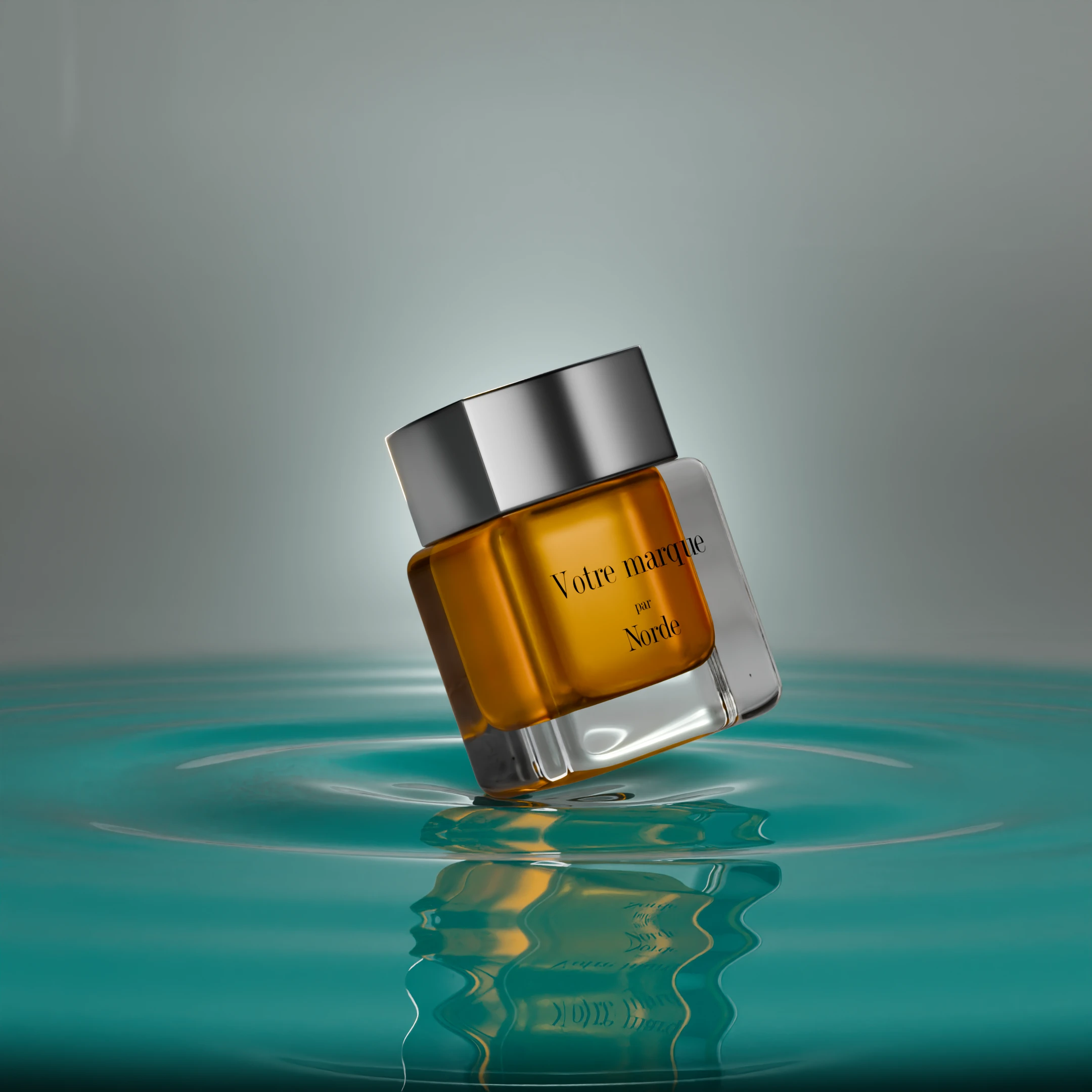 3D creation of a perfume bottle floating on the surface of the water - norde