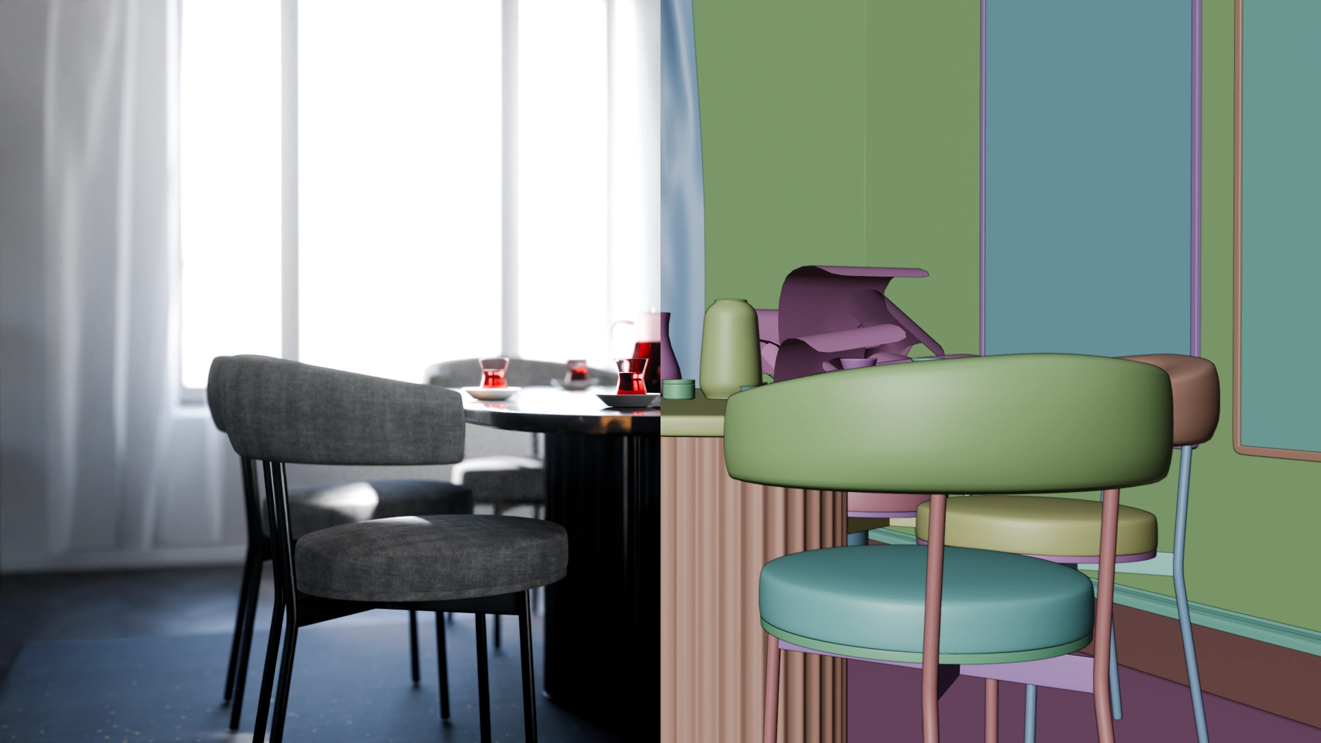 before-and-after demonstration of the 3D of the inside of a room in a house - norde