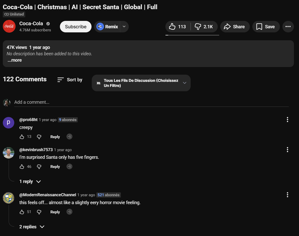Screenshot du nombre de like/dislike sous la vidéo de coca-cola. 113 like pour 2.1k dislike. On voit également les commentaires de gens qui n’aiment pas la vidéo