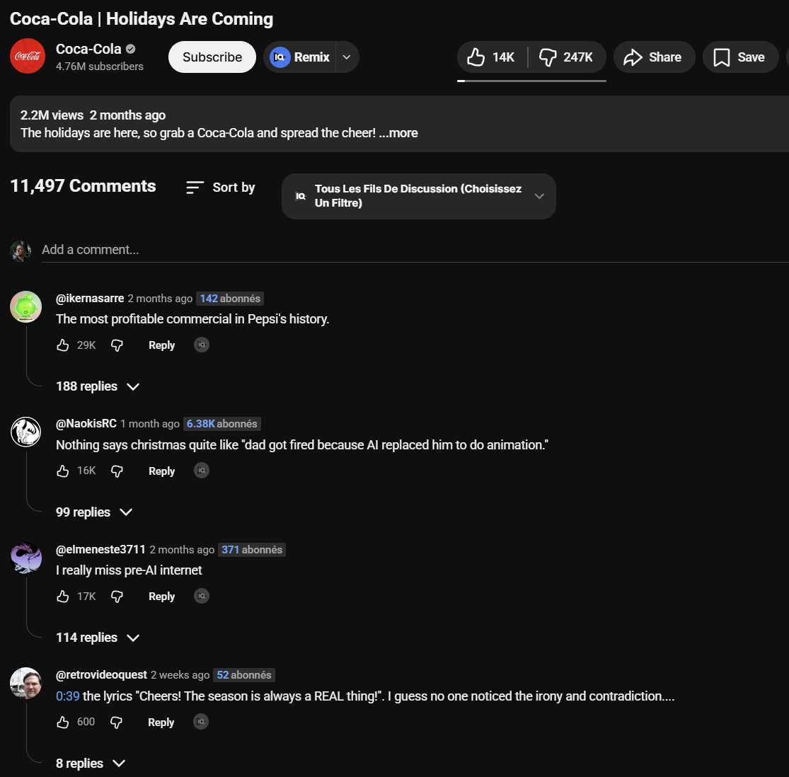 Screenshot du nombre de like/dislike sous la vidéo de coca-cola. 14k like pour 247k dislike. On y voit également les commentaires de gens qui n’aiment pas la vidéo.