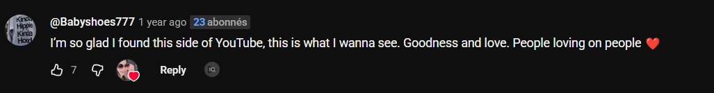 Commentaire sous la vidéo qui dit: Je suis tellement contente d'avoir découvert cette facette de YouTube, c'est exactement ce que je veux voir. La bonté et l'amour. Des gens qui s'aiment les uns les autres.
