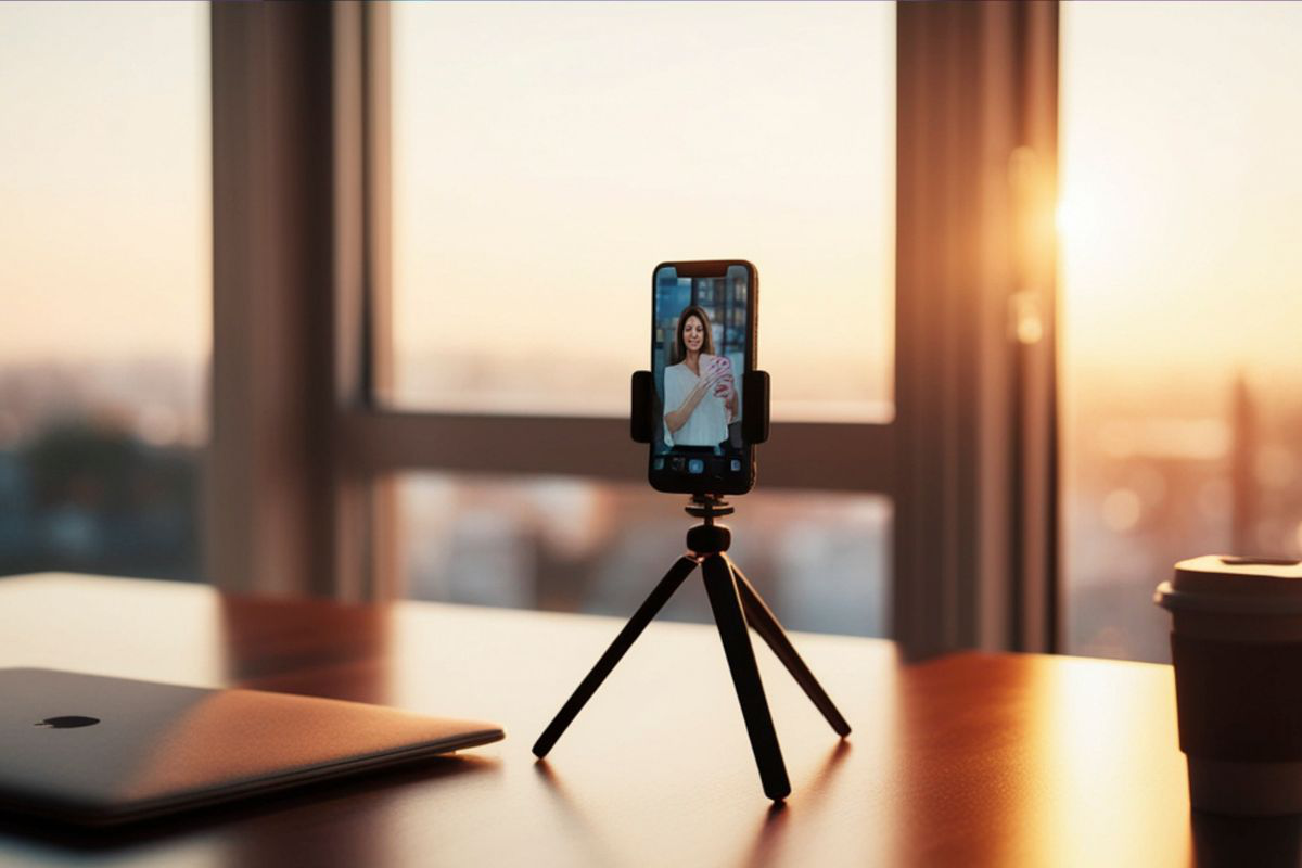 un smartphone placé sur un trepied - creator academy