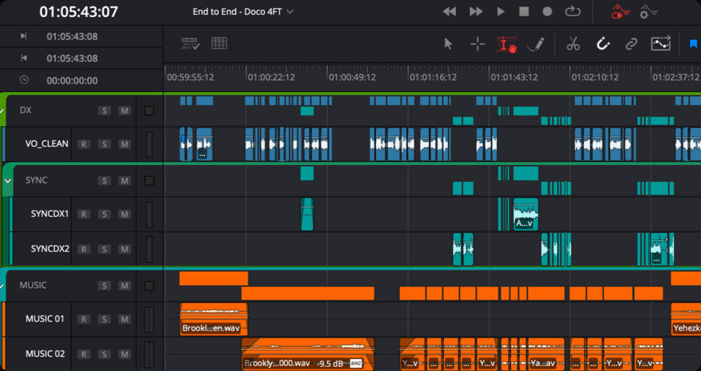 les dossiers dans la page fairlight de davinci resolve 21
