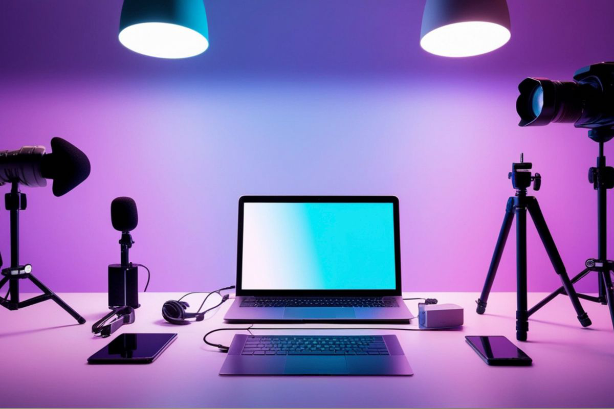 un ordinateur sur un bureau avec un micro et une camera avec un éclairage mauve et bleu - creator academy