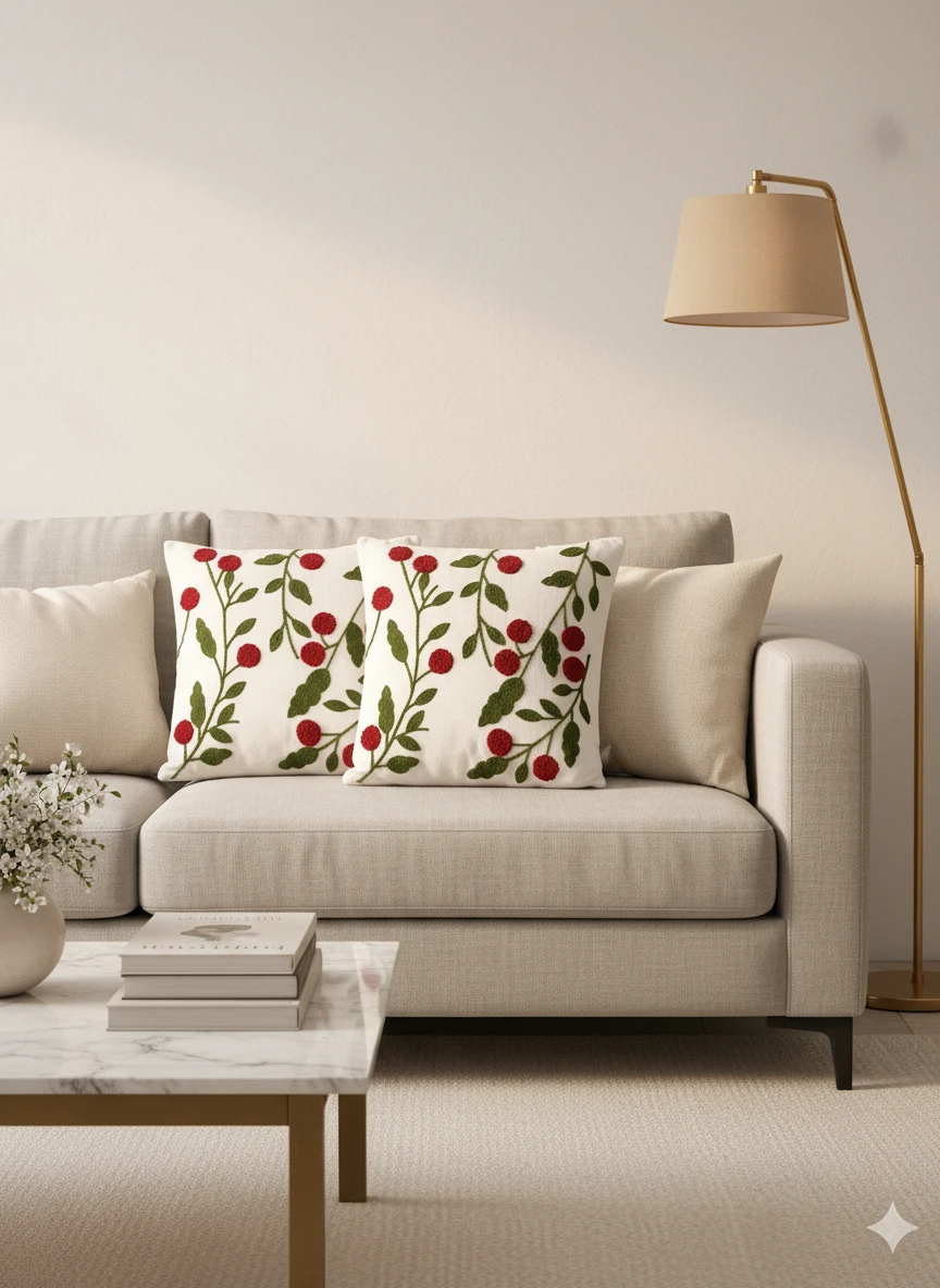 Capa de Almofada Decorativa Bordada Flores Vermelhas e Verdes Branco Neve - Lifestyle