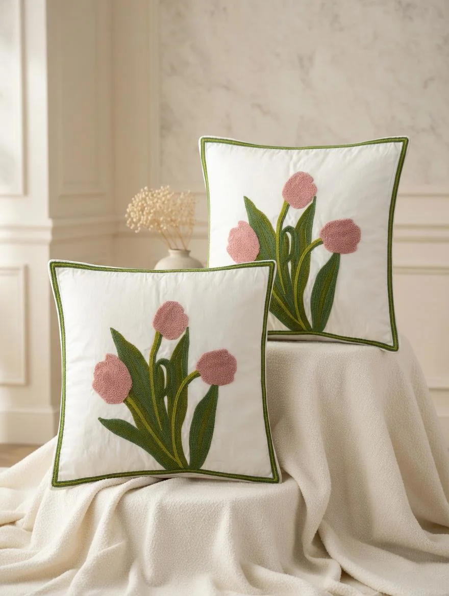 Capa de Almofada Bordada Tulipas Rosa e Verde 100% Algodão - Foto 1