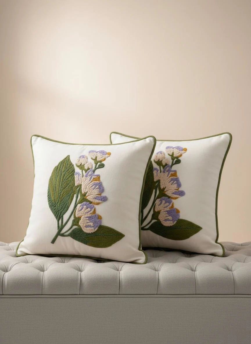 Almofada Decorativa Luxo Bordada Floral 100% Algodão Off-White - Foto 1