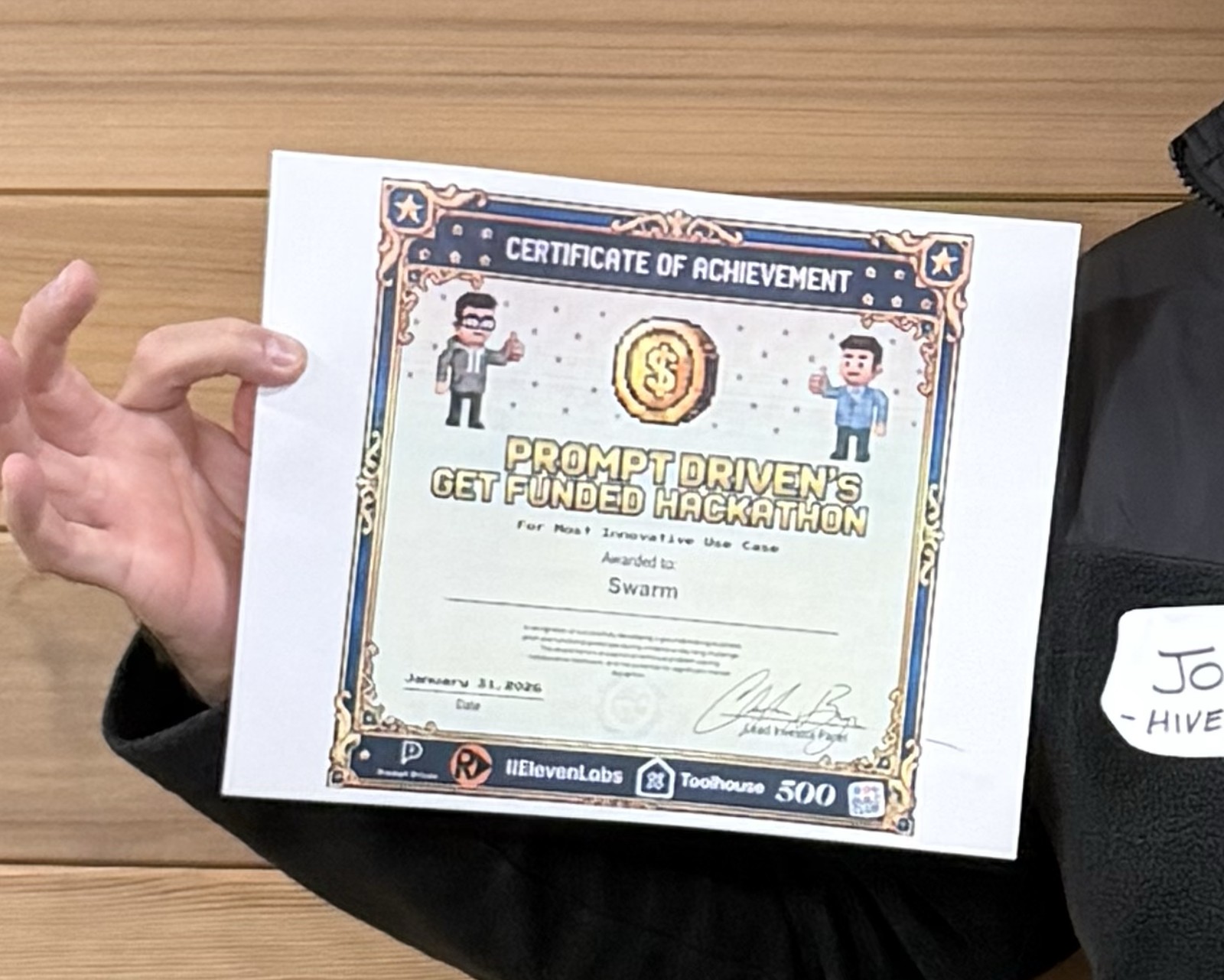Certificate from Prompt Driven's Get Funded Hackathon awarded to Swarm for Most Innovative Use Case, January 31, 2026