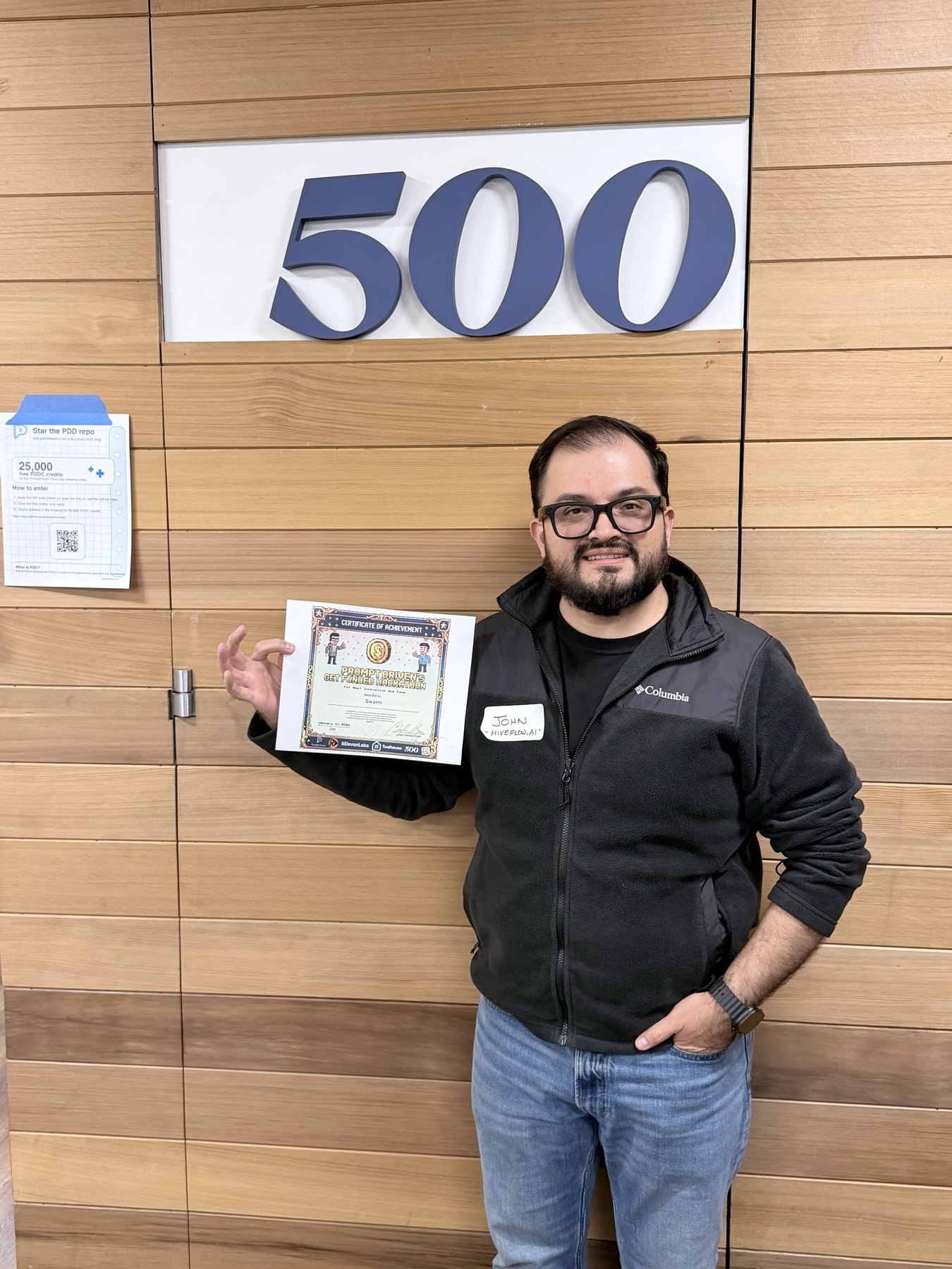 John Olven with the Most Innovative Use Case certificate at the 500 Global offices in Palo Alto