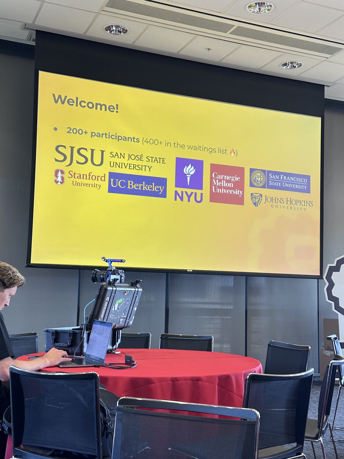 Hackathon welcome slide: 200+ participants and 400+ on the waiting list, with the logos of the participating universities