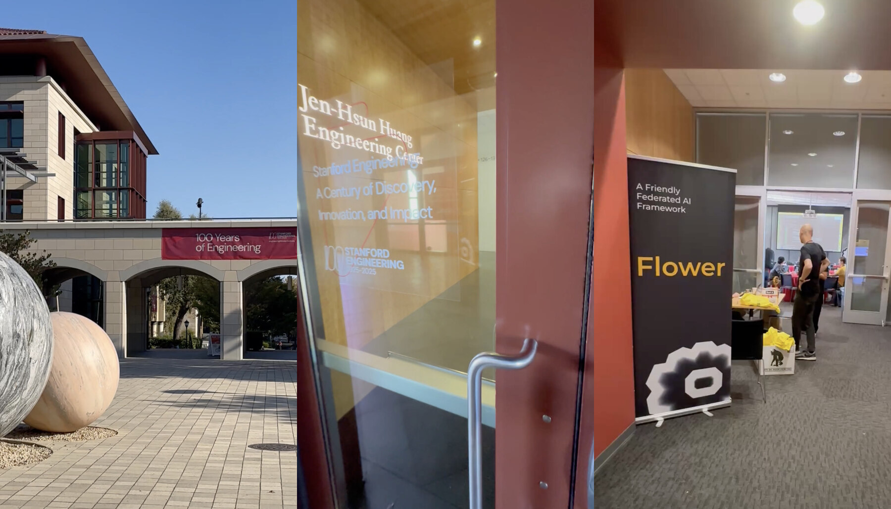 The Stanford campus, the entrance to the Jen-Hsun Huang Engineering Center and the Flower banner inside the venue of the Decentralized AI Hackathon