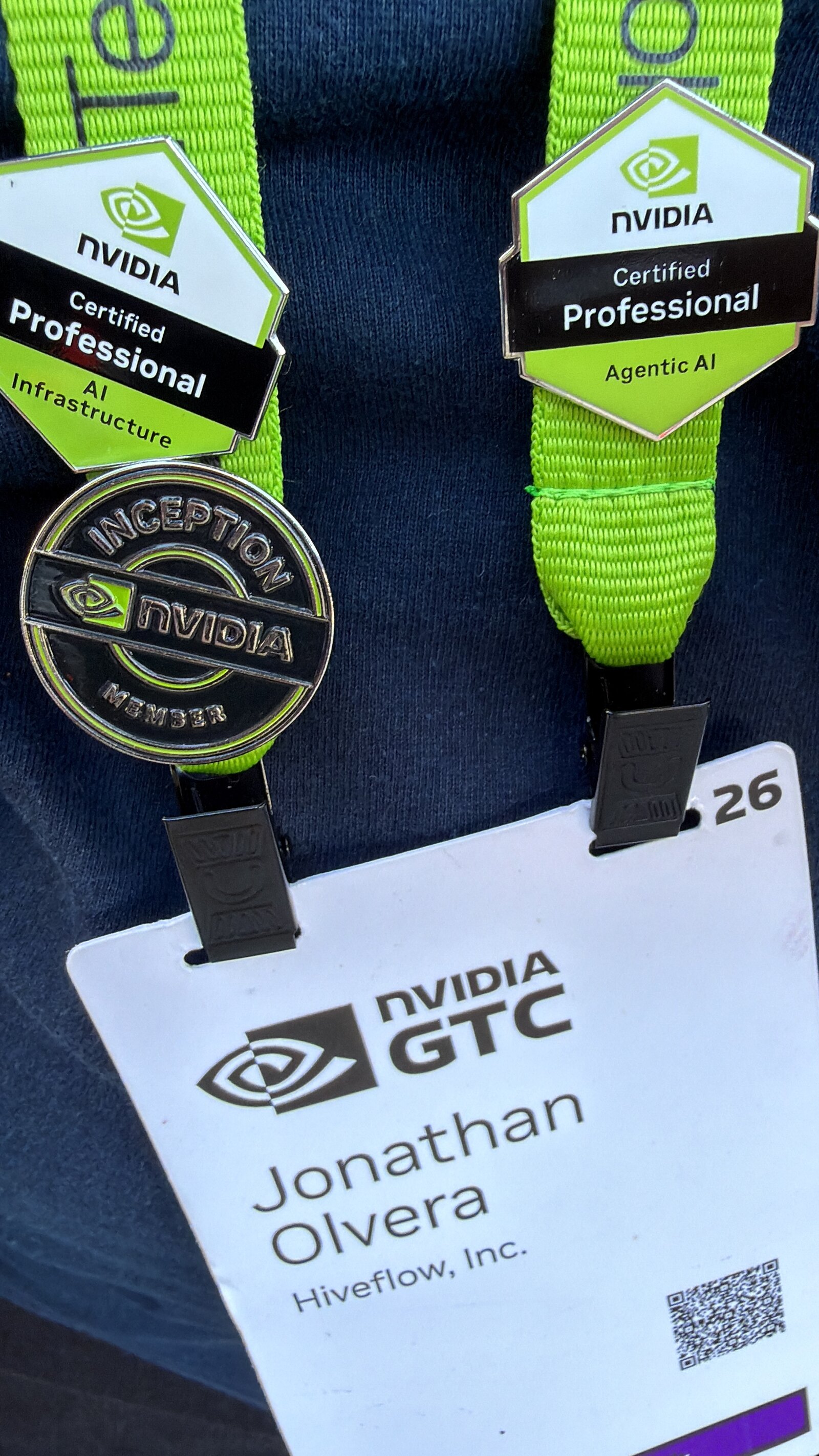 NVIDIA Certified Professional pins in AI Infrastructure and Agentic AI, and the NVIDIA Inception Member medal