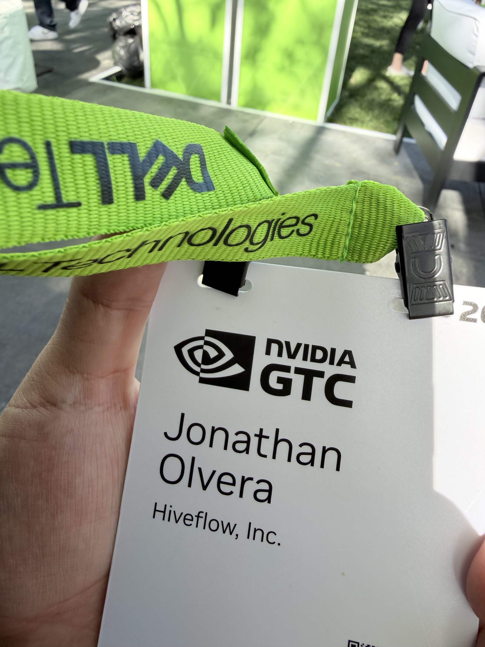 NVIDIA GTC badge for Jonathan Olvera, Hiveflow Inc., with the NVIDIA Certified Professional pins and the Inception Member medal