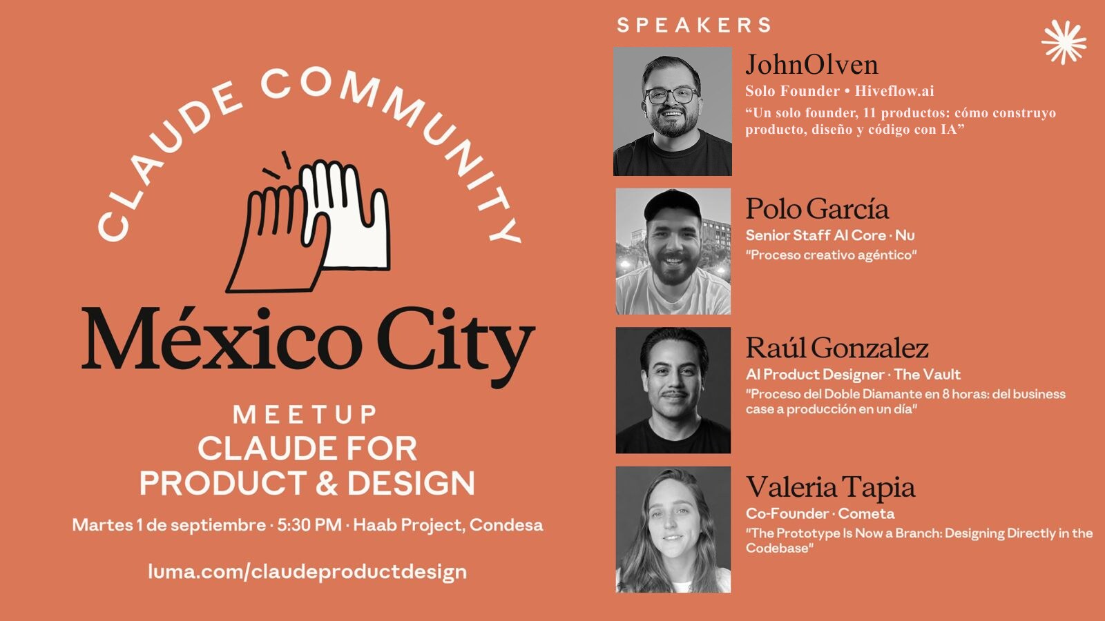 Poster for the Claude Community México City meetup, Claude for Product and Design, with the speakers