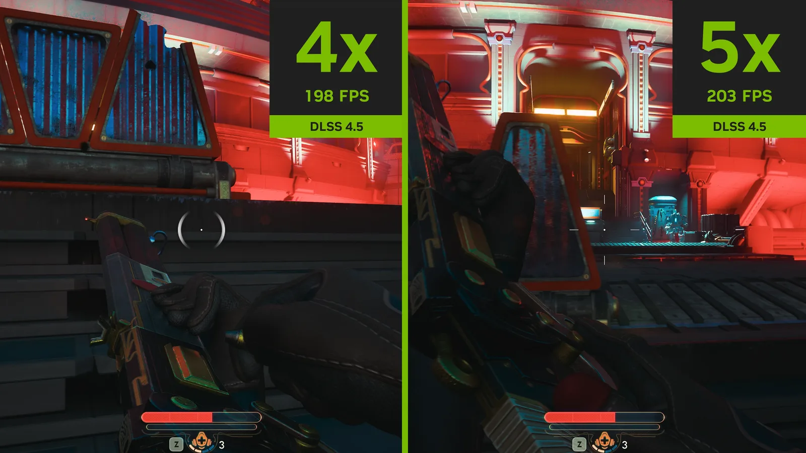 4X versus 5X Dynamic Multi Frame Generation comparison at 198 FPS and 203 FPS