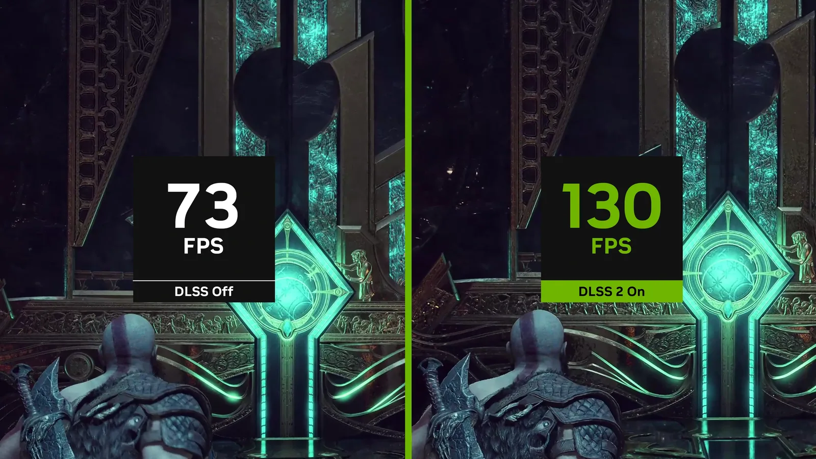 73 FPS with DLSS off versus 130 FPS with DLSS Super Resolution on