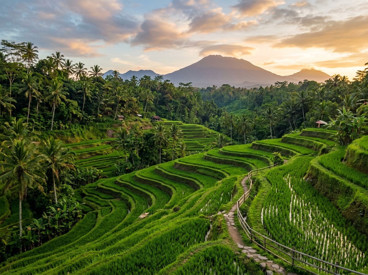 Lush Bali rice terraces beneath tropical palms and mountains at sunset
