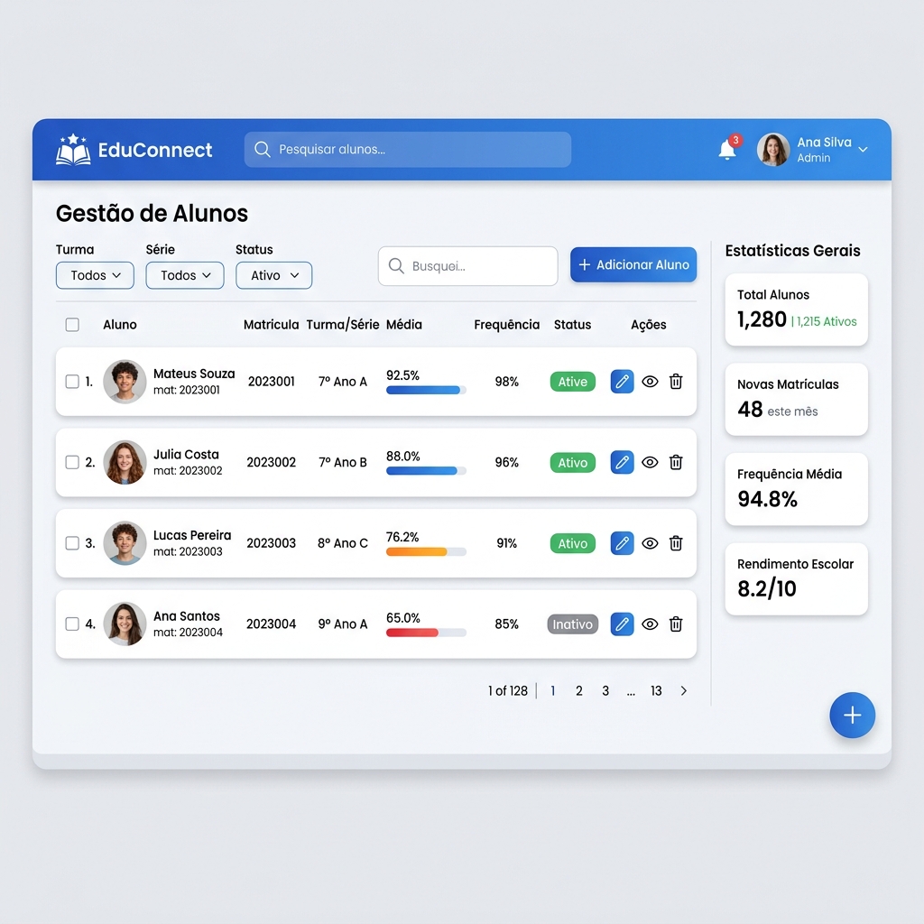 Gestão de Alunos — Listagem com notas, frequência e status