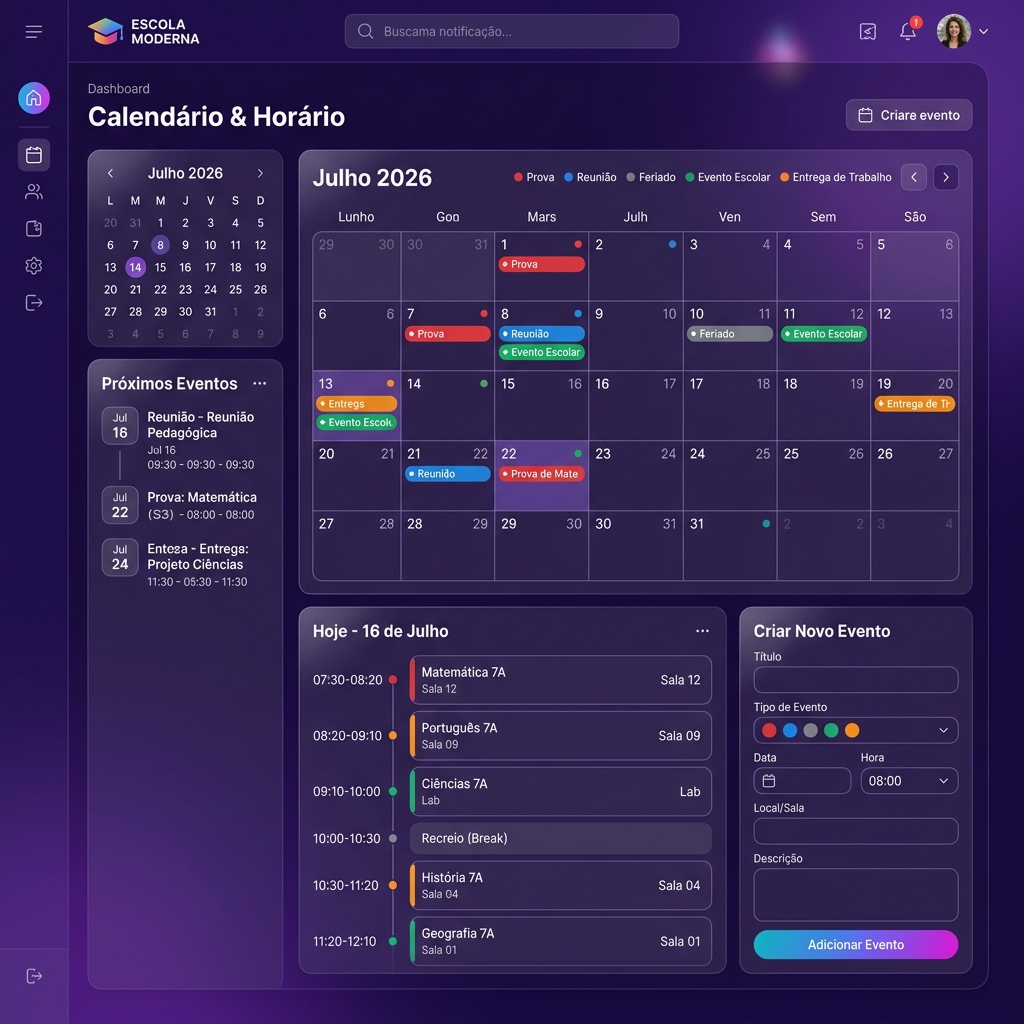 Calendário Escolar — Agenda integrada com eventos e grade de horários