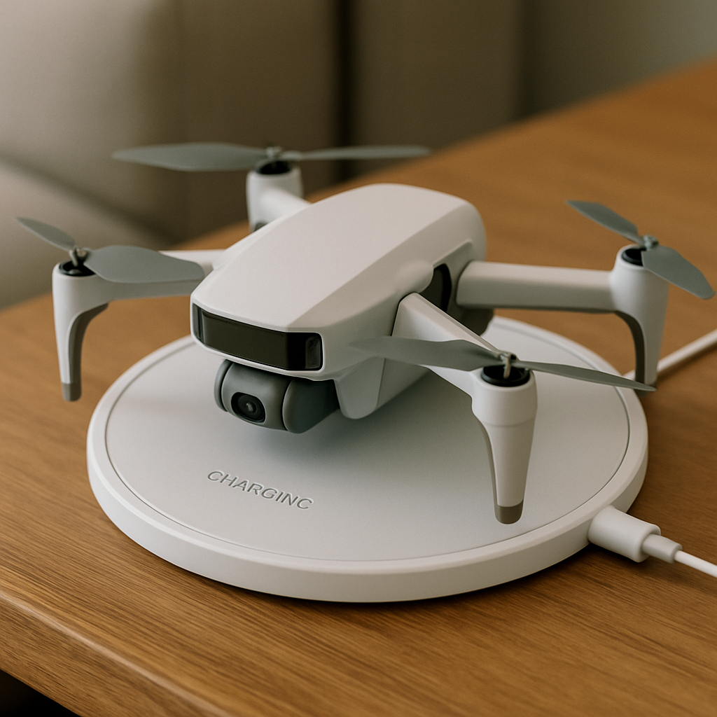 White drone charging on round pad