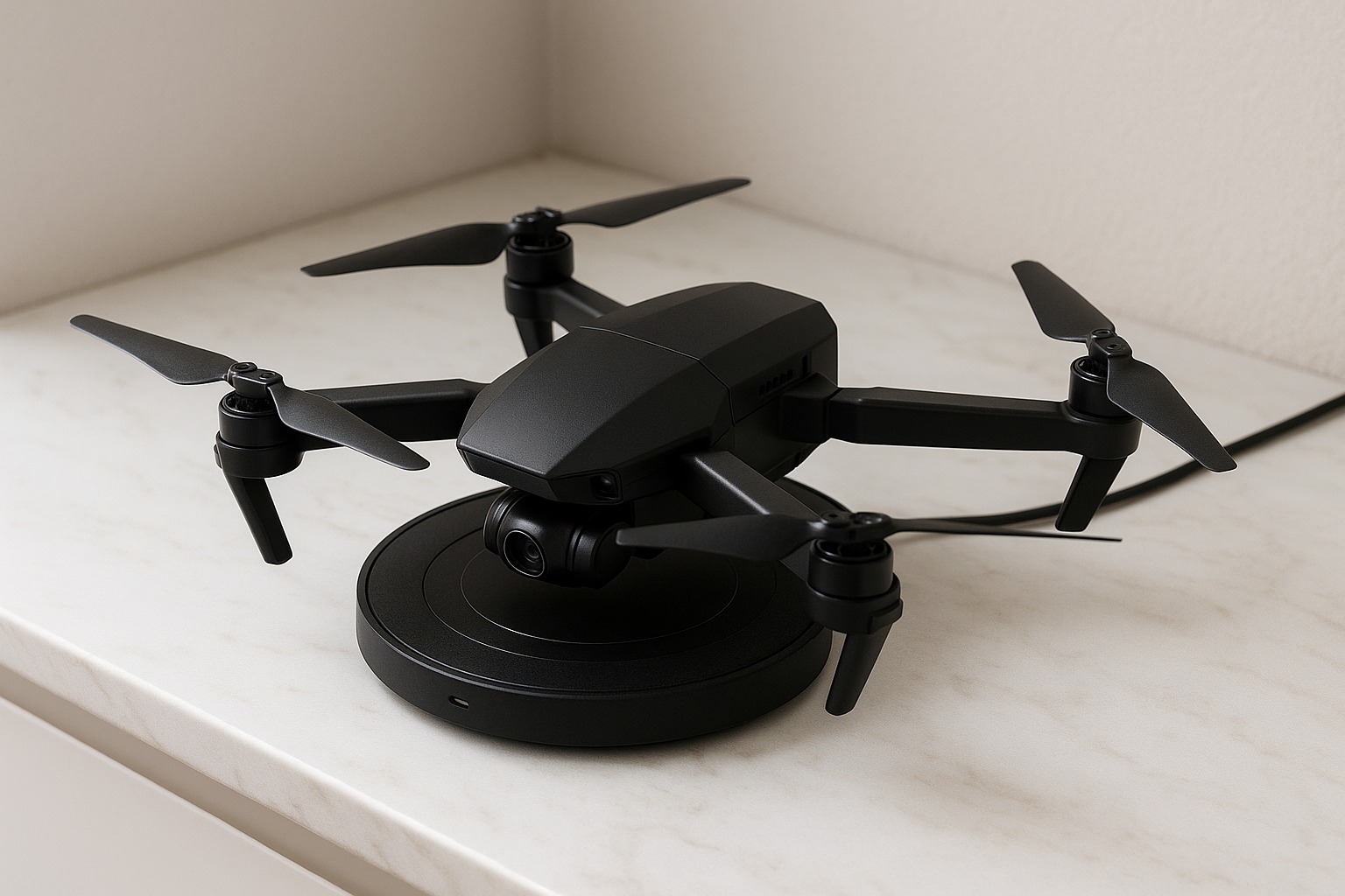 Black drone charging on pad
