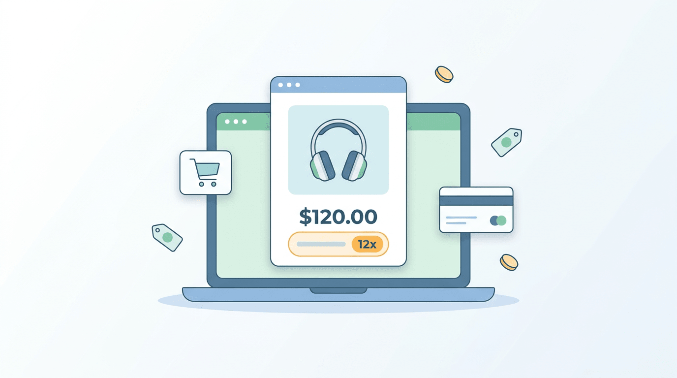 Página de producto de una tienda Shopify en una laptop, mostrando el precio con un badge de pago en 12 cuotas, junto a íconos de carrito, tarjeta de crédito y etiquetas de precio