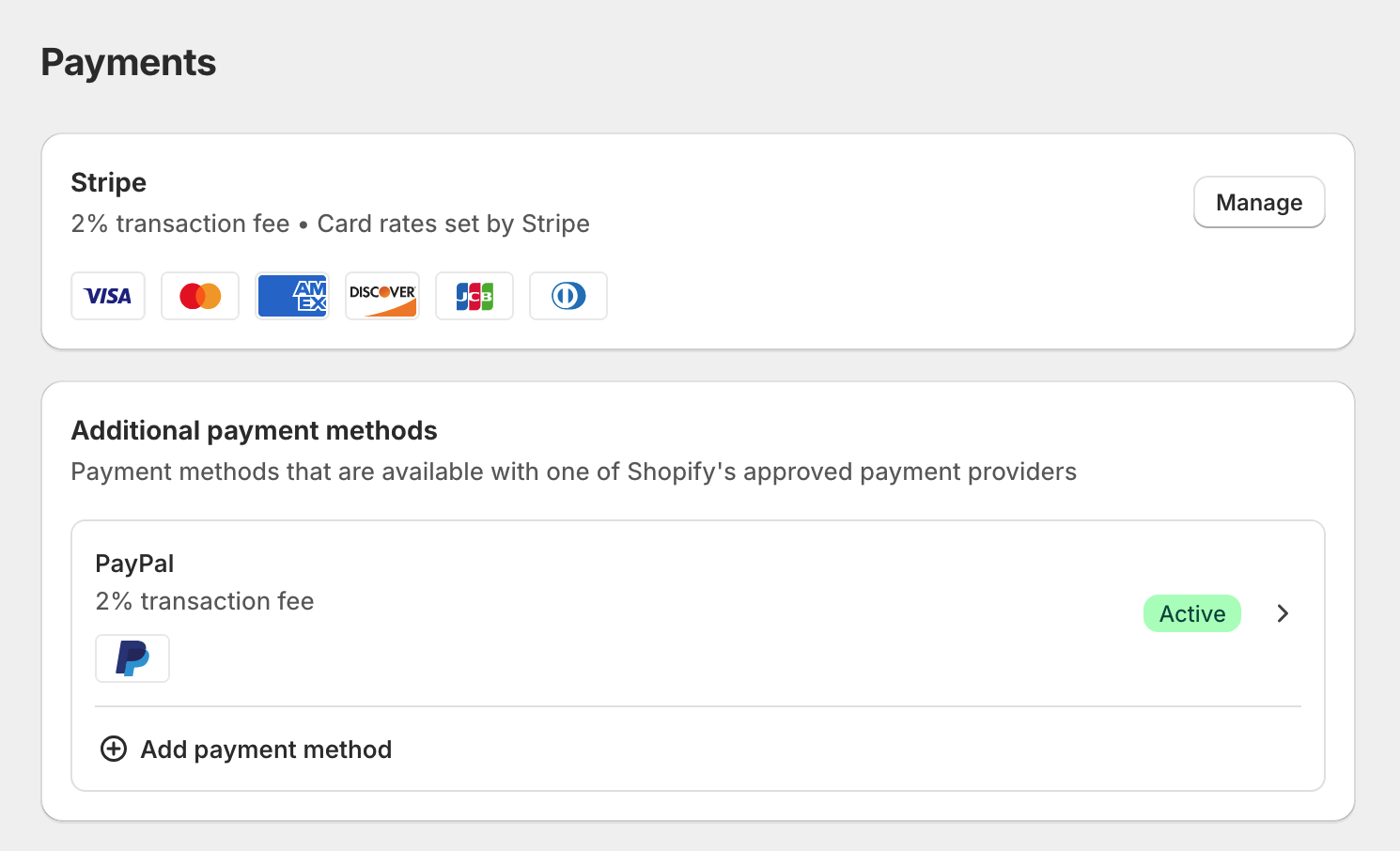 Configurações de pagamento dentro do painel de administração Shopify