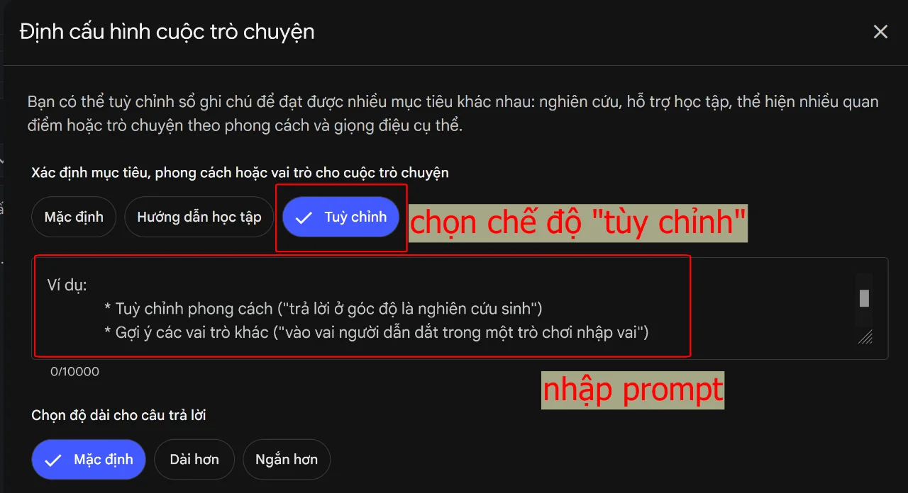 Dán prompt chỉ thị vào ô Tùy chỉnh của NotebookLM