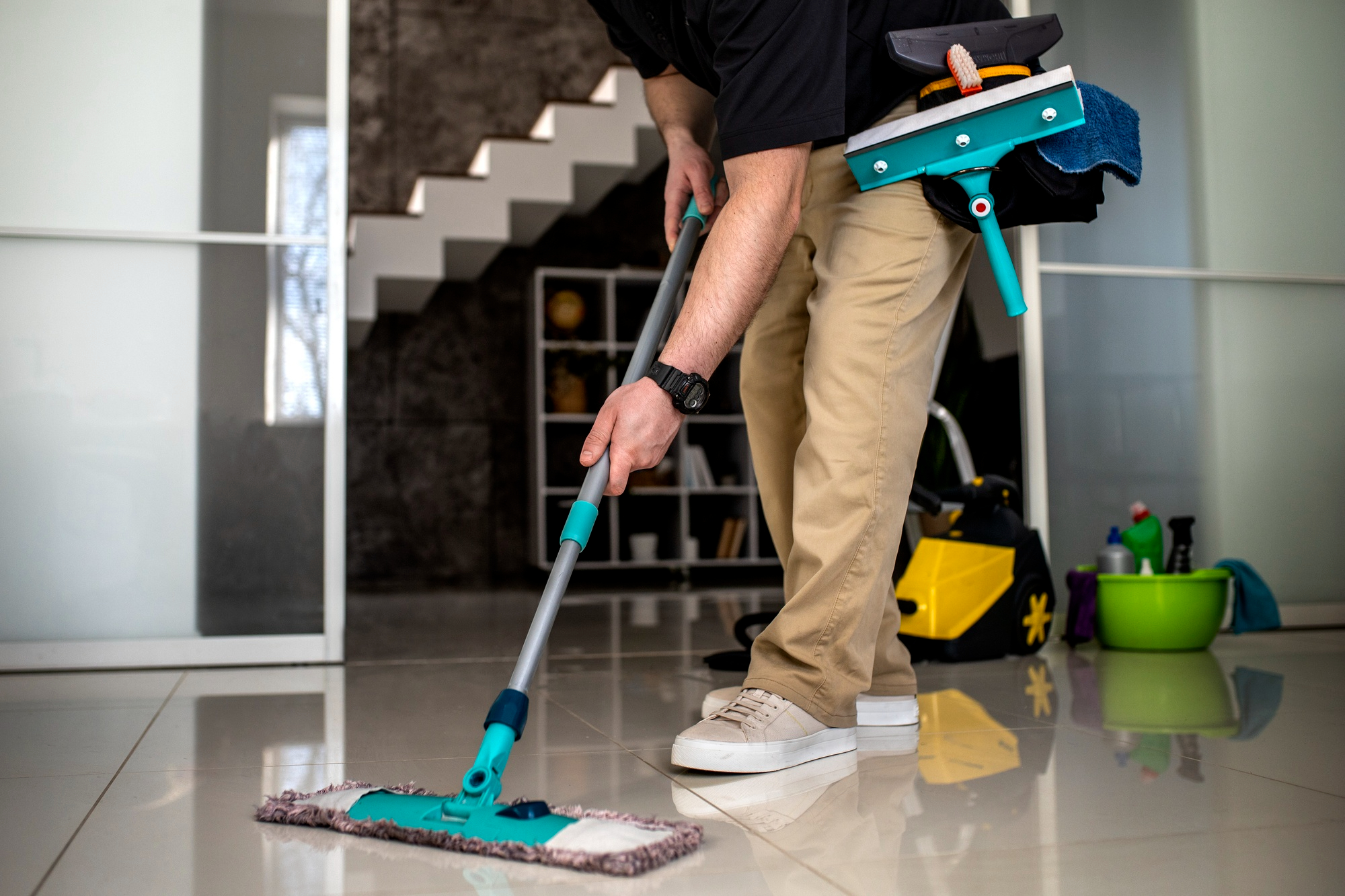 Housekeeping staff maintaining lobby area