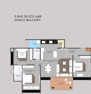 3 BHK – Single Balcony floor plan