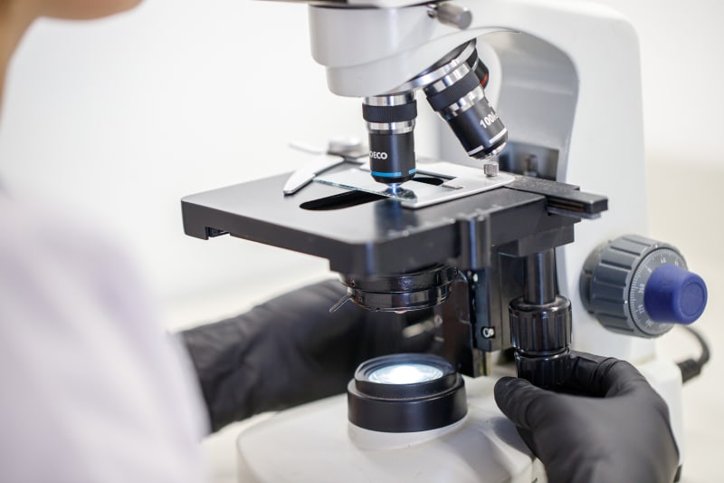 Microscopio binocular en uso para análisis microbiológicos en el laboratorio