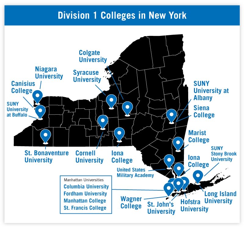 map of division 1 colleges in New York