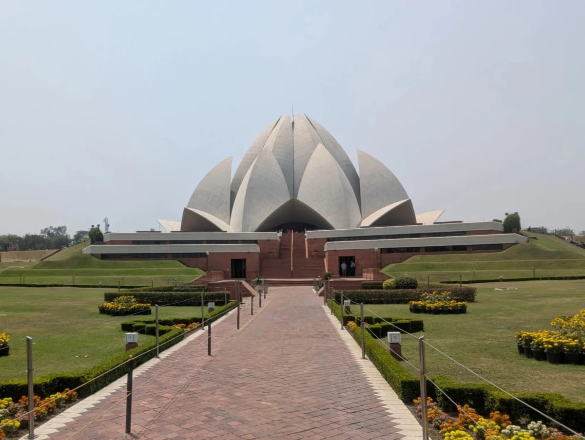 Lotus Temple Delhi front with street view in Delhi