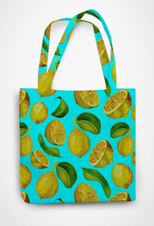 Lemons in Blue background  Patterned Tote Bag