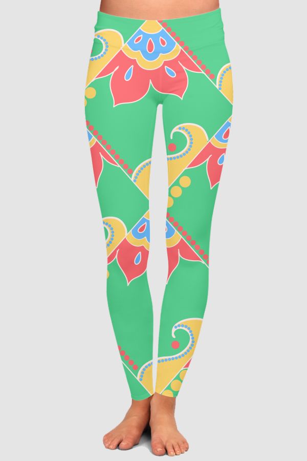Green traditional pattern  High-Waisted Leggings