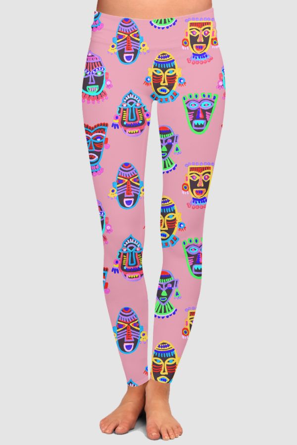 African Tribal Tiki masks High-Waisted Leggings