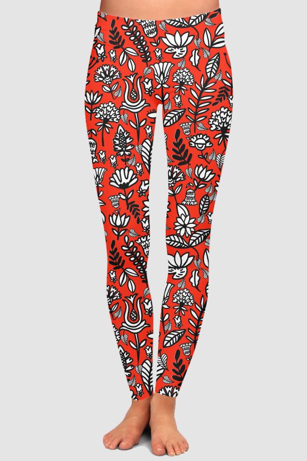  Modern Kalamkari pattern Red High-Waisted Leggings