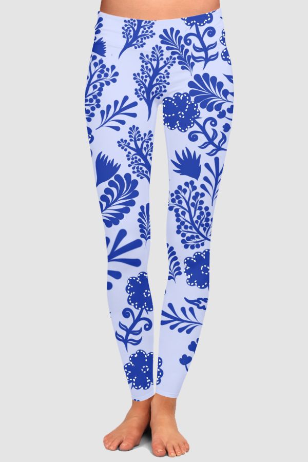 Blue theme floral pattern  High-Waisted Leggings