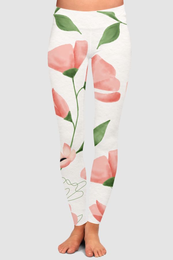 Pink Watercolor Floral design High-Waisted Leggings