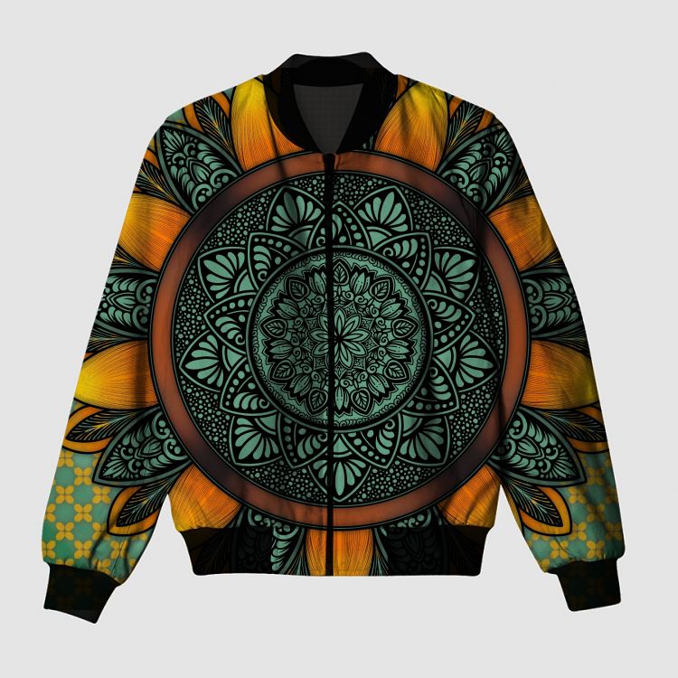 Sunflower Themed Mandala Bomber Jacket
